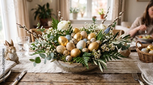 Easter table setting with decorated eggs and bunny decoration