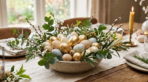 Easter table setting with decorative eggs and greenery