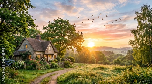 Cozy Cottage at Sunset in Green Countryside Landscape