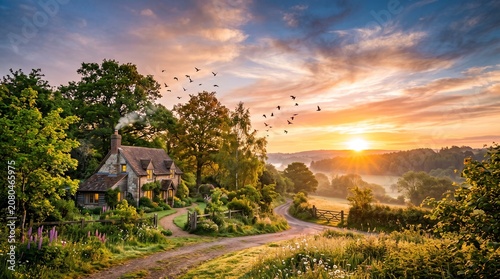 Sunset over a countryside house with a dirt road