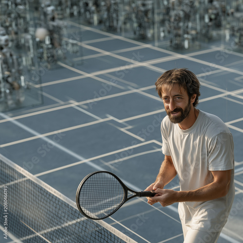 Tennis player stands near net, smiling warmly. Hands grip racket, ready to play. Modern court features clear, crisp lines. Background holds mirrored reflections. Bright daylight enhances every detail