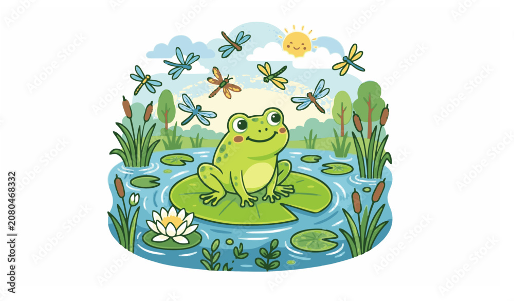 Obraz premium Cute Frog Sitting on a Lily Pad with Dragonflies – Vector Cartoon Illustration Isolated on White Background