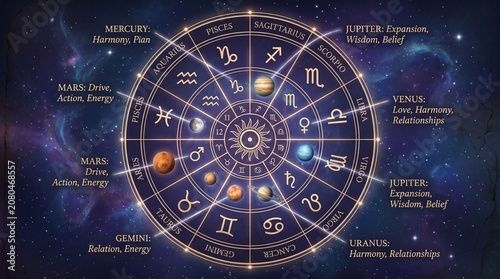 A zodiac wheel astrology chart set against a starry night sky background