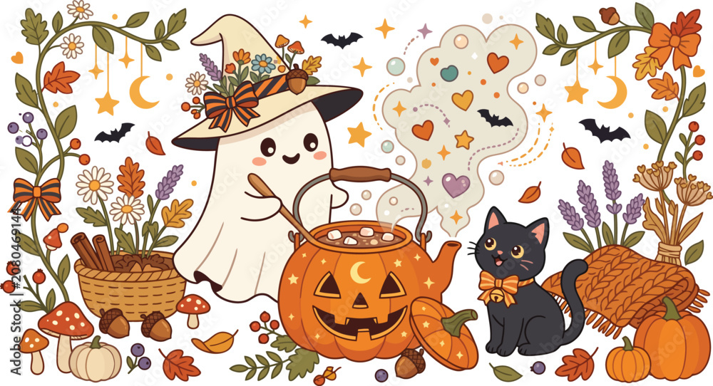 Fototapeta premium Cute ghost wearing a floral witch hat with a jack o lantern cauldron and black cat surrounded by autumn fall foliage