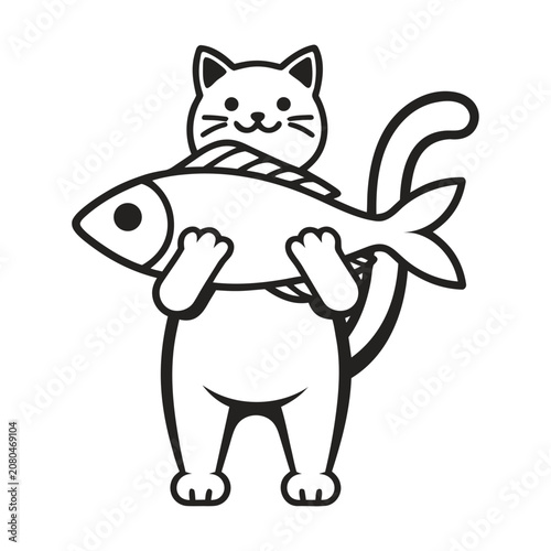 Cute cartoon cat holding a big fish vector illustration