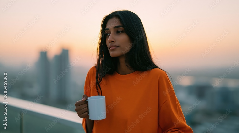Fototapeta premium Woman drinking coffee on rooftop terrace at sunset portrait for lifestyle background and banner design