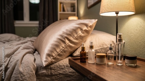 Silk pillow on rumpled bed next to wooden bedside table with assorted skincare bottles and lamp casting warm evening light in cozy bedroom interior