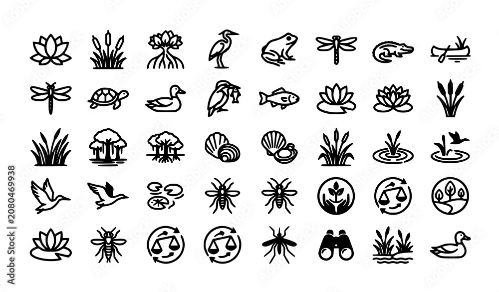 Fototapeta premium Wetland Ecology Icon Collection with Marsh Plants Heron Dragonfly Frog and Mangrove Symbols