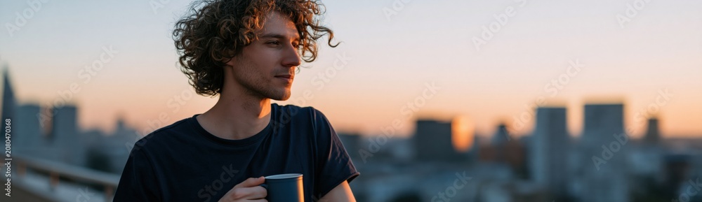 Fototapeta premium Young man holding a coffee mug on a rooftop at sunset with a blurred city skyline background for lifestyle banner and social media header use