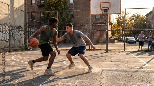 Two young men playing competitive basketball on urban outdoor court with dribbling, defending and dynamic movement during warm sunset play