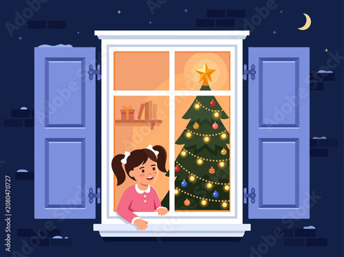 Little Girl Looking Through Window at Christmas Tree, Cozy Winter Night Vector