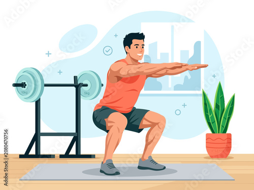 Man Performing Air Squats in Home Gym Vector Illustration