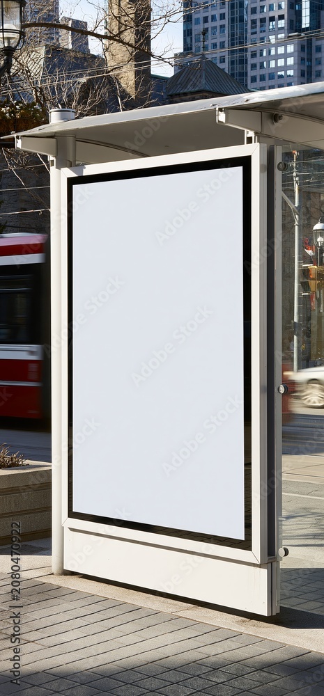 Obraz premium Blank Toronto bus shelter advertising display mockup. Blank white billboard poster display provides copy space at a downtown bus stop