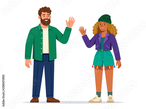 Friendly man and woman waving hello vector illustration