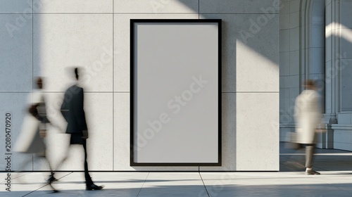 Blank advertising billboard mockup on modern wall. Blank billboard framed in black, with blurred people walking by, offering copy space