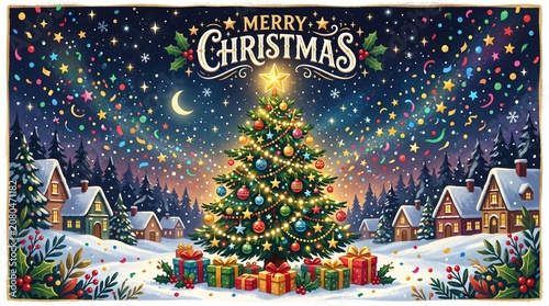 Christmas Tree in Snowy Village at Night with Presents
