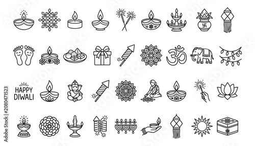 Diwali festival icons and symbols line art