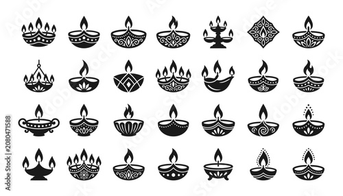 Collection of diwali diya lamp icons in black and white