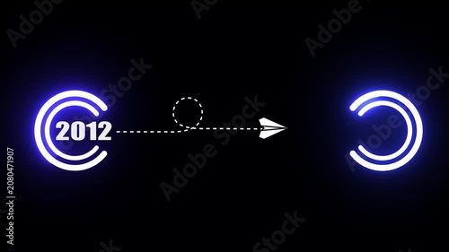 Animated paper airplane transitioning from 2012 to 2013 with glowing neon circular UI year,4k video.