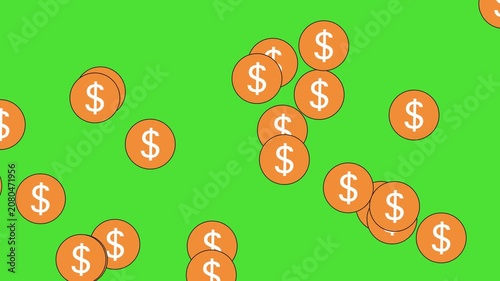 Animation of orange dollar sign coins moving across green screen background