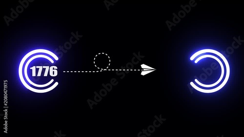 Animated paper airplane traveling from 1776 to 2026, conceptual time travel motion with glowing neon circular Hud on black background.