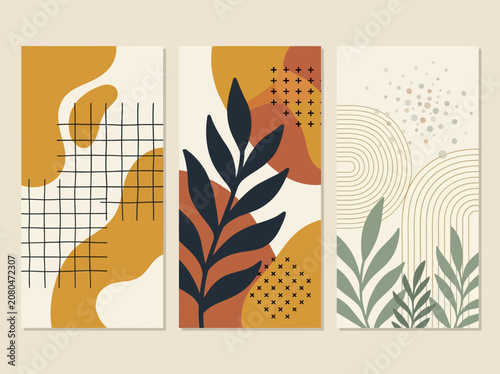 Abstract Botanical Wall Art Set with Geometric Shapes and Earth Tones