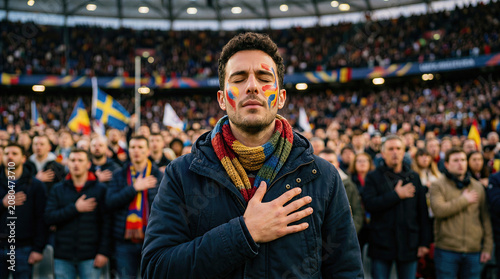 Emotional Caucasian man in his 20s with face paint placing hand on heart during national anthem in a packed stadium. Respectful football fan before a match.