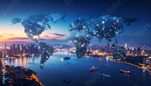 World map overlayed on a cityscape at dawn, illustrating global connections