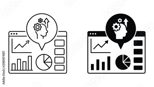 Data analytics and strategic thinking icon set with growth graphs and mind gears