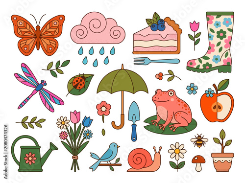Cute Spring Gardening and Nature Illustration Icon Set