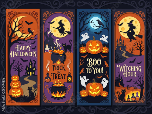 Set of four decorative paper-cut style Halloween vertical banners with witches, ghosts, and pumpkins.