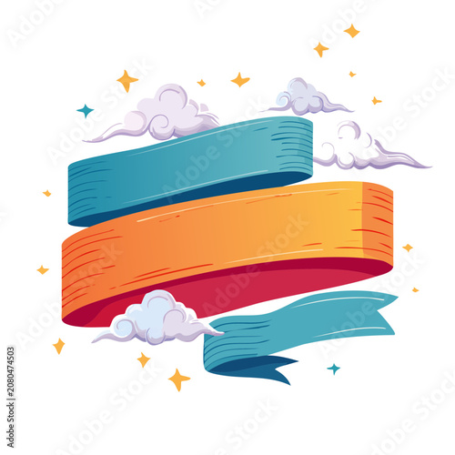 Colorful ribbon banner with clouds and stars vector illustration