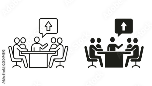 Business team meeting with speech bubble and upward arrow icon, business
