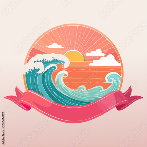 Flat illustration of ocean waves and sunset in circular frame
