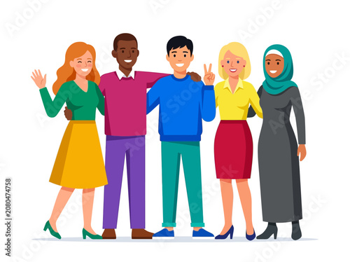 Diverse Multiethnic Group of Happy Friends Standing Together Vector Illustration
