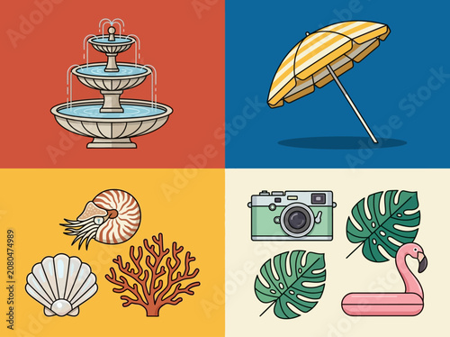 Flat Vector Illustration Set of Summer Vacation Elements Including Beach Umbrella, Tropical Leaves, Seashells, Camera, and Fountain