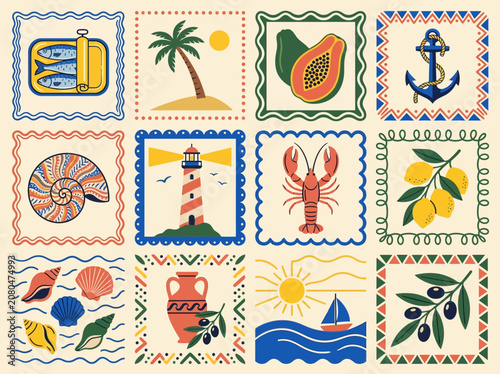 Mediterranean and nautical flat icon collection featuring summer travel elements, seafood, and coastal scenery in a vintage folk art style.