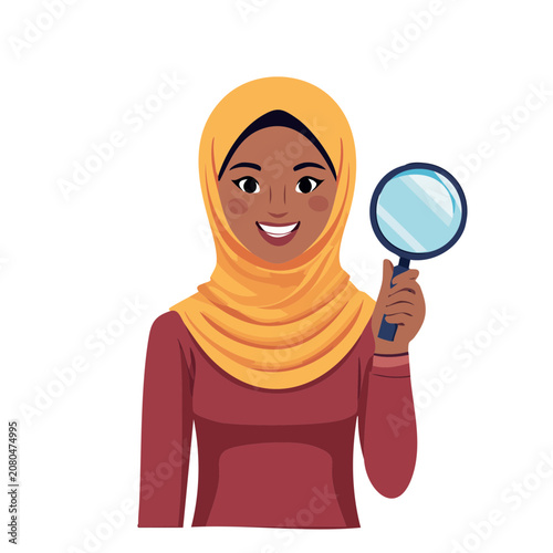 Woman in hijab holding magnifying glass vector illustration
