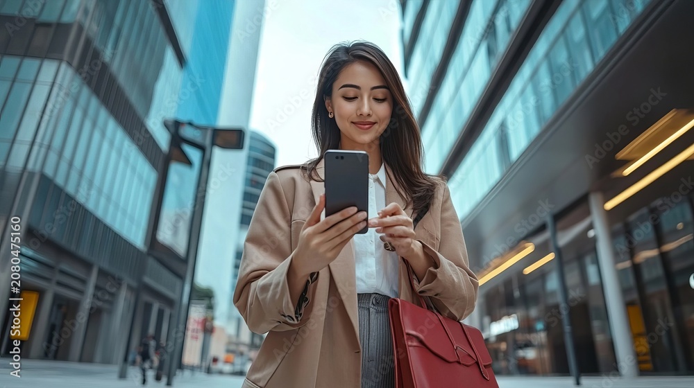 Fototapeta premium Asian Businesswoman Using Mobile Phone Device Standing Next To Modern City Office Architecture.