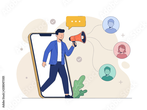 Digital Marketing and Mobile Outreach Concept Illustration with Man Holding Megaphone Stepping Out of Smartphone