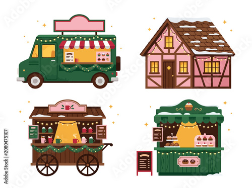 Christmas Market Stalls Illustration Set with Food Truck and Bakery