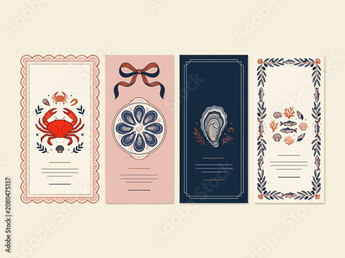 Vintage Seafood Menu Template Set with Hand-Drawn Crab, Oyster, and Mussel Illustrations