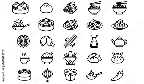 Quadro su tela Chinese Food Editable Line Stroke Vector Icon Set with Traditional Asian Cuisine