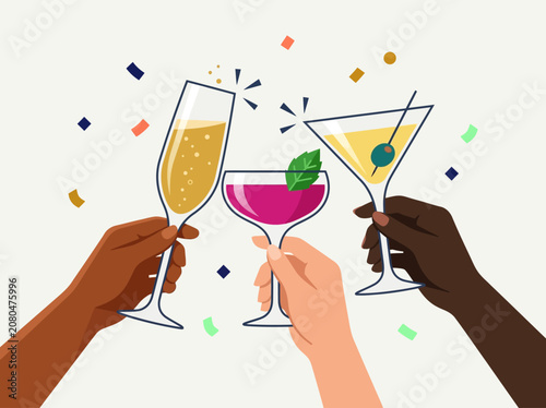 Diverse Hands Clinking Cocktail Glasses in Celebration Toast