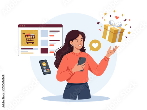 Happy Woman Shopping Online with Smartphone and Receiving Gift Box, E-commerce Illustration