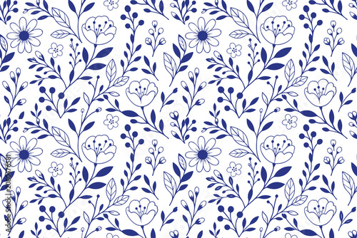 Фотография Lovely seamless floral pattern featuring blue line art blossoms and branches on