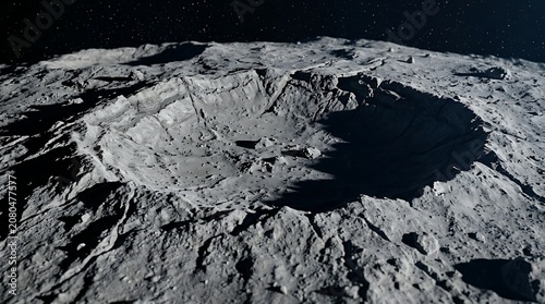 Close up view of a large impact crater on the moon surface in deep space