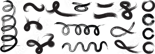 Collection of hand drawn black curly swishes and bold swashes. Brush drawn thick curved smears. Black paint wavy lines, curved strokes. abstract shapes in black on a white background
