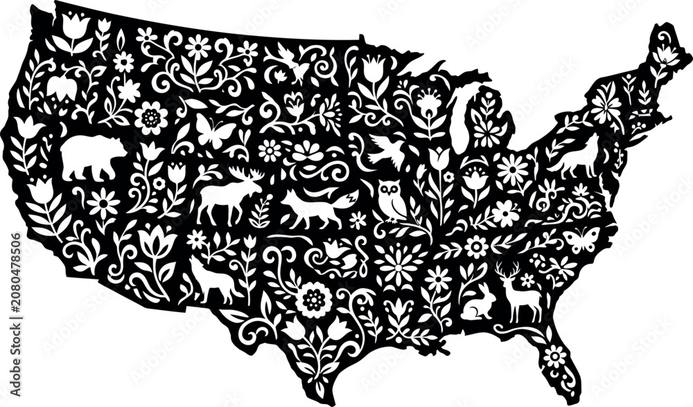 Fototapeta premium Black and white floral folk art map of United States