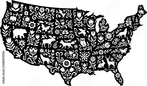 Black and white floral folk art map of United States